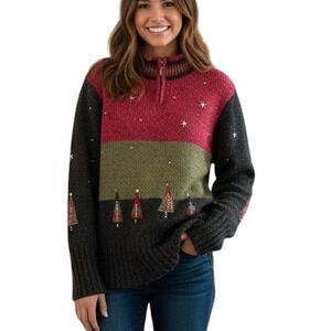 VTG Christmas Tree Knit Sweater Mock Neck Quarter Zip Festive Holiday Wool Blend